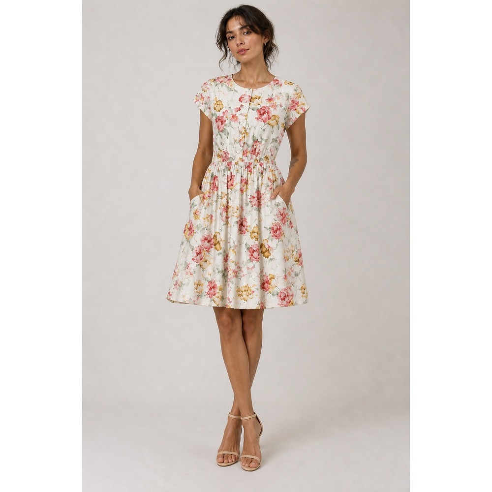 Salonge 1970s Floral Midi Dress Cottagecore Boho Retro White Cotton Medium